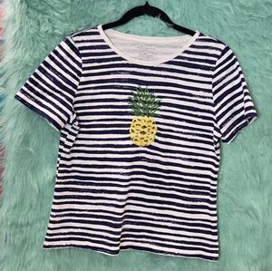 Talbots Blue And White Striped,Short Sleeved, Pineaple Tee Shirt Size Mp
